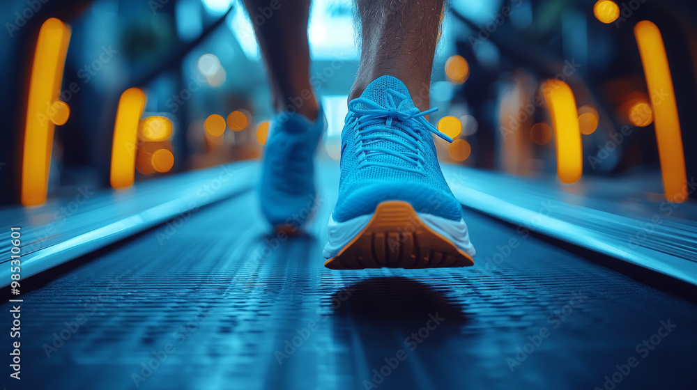 Fototapeta premium Closeup of a person's feet running on a treadmill.