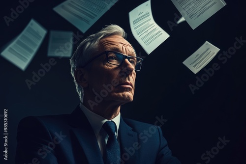 A sophisticated close-up of a senior executive in their 60s, elegantly dressed, with polished resumes gently floating around, set against a dark solid background. The image is styled like a high-end