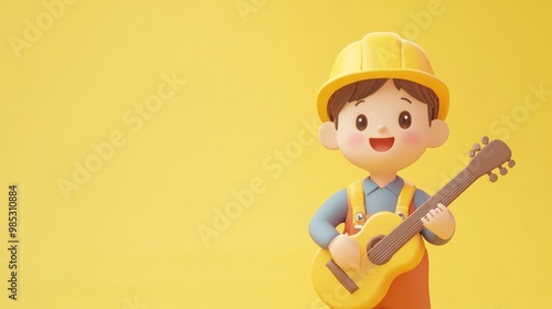 A cheerful cartoon character in a construction hat playing a guitar against a yellow background.