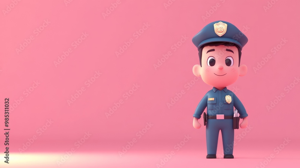 A cheerful cartoon police officer stands against a pink background. A cheerful cartoon police officer stands against a pink background.