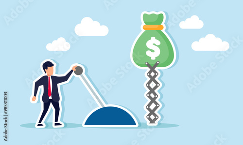 A businessman pulling a lever to raise a sack of dollar bills, illustration of how a businessperson can control the movement of dollar valuation