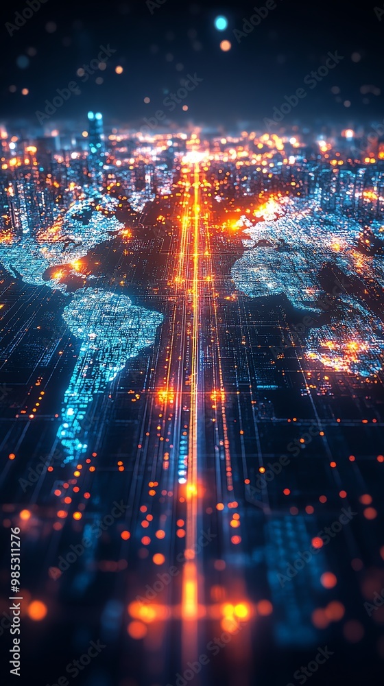 Fototapeta premium Abstract world map with blue and orange lights, depicting global connection.