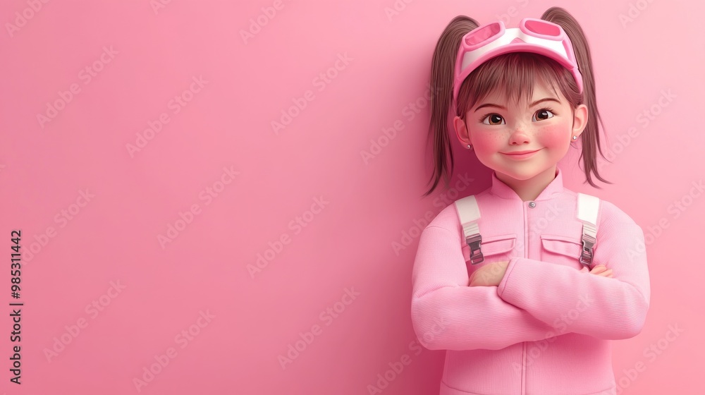 A cheerful girl in pink attire with pigtails, smiling confidently against a pink background. A cheerful girl in pink attire with pigtails, smiling confidently against a pink background.