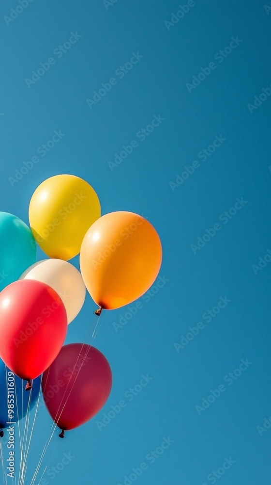 Brightly colored balloons floating into a clear blue sky, carried away by a gentle breeze Brightly colored balloons floating into a clear blue sky, carried away by a gentle breeze