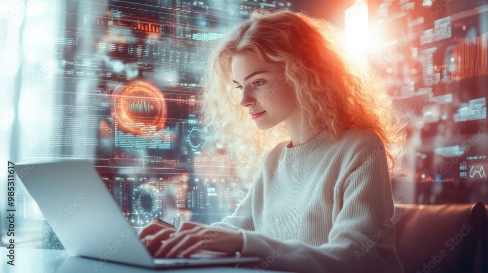 Very realistic and photographic photo of a young marketer using a laptop, surrounded by a holographic display showing complex data related to business innovation. Styled like a high-end lifestyle Very realistic and photographic photo of a young marketer using a laptop, surrounded by a holographic display showing complex data related to business innovation. Styled like a high-end lifestyle