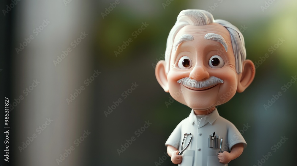 Obraz premium A cheerful elderly cartoon character with glasses, a mustache, and a shirt holding pens.