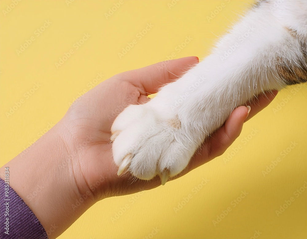 close-up of a fluffy cat's hand on a bright yellow background. generative ai close-up of a fluffy cat's hand on a bright yellow background. generative ai
