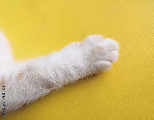 close-up of a fluffy cat's hand on a bright yellow background. generative ai photo