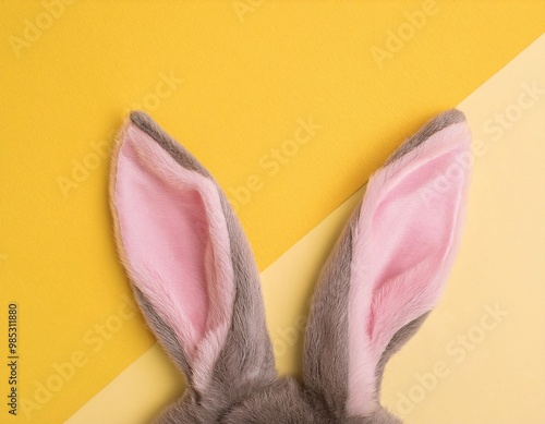 close-up of bunny ears visible in the corner on a bright light yellow background. generative ai photo