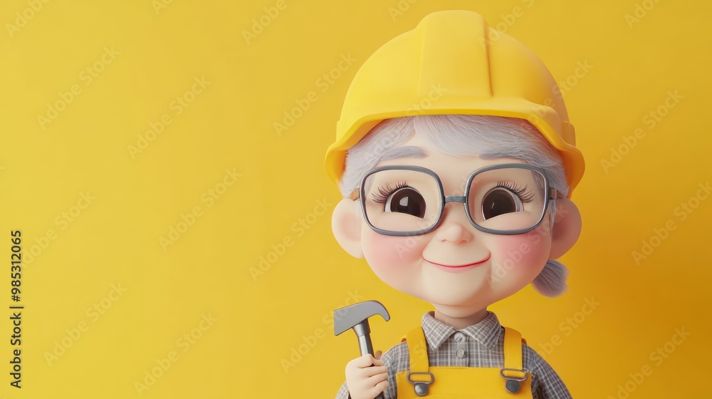 A cheerful elderly woman in a construction outfit holding a tool against a yellow background.
