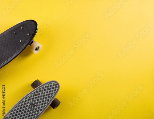 modern skateboard located in the right corner on a light yellow background, generative ai photo