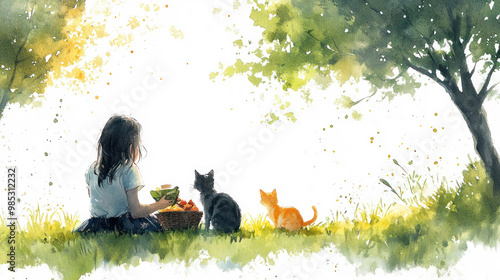 Green watercolor of little girl and her pet cat having a picnic in park photo