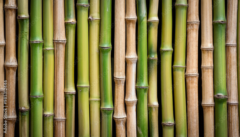 Fototapeta premium The image showcases a close-up of a bamboo grove, highlighting the elegant and slender stalks with their vibrant green hues.