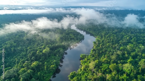 Aerial view of a river flowing through a lush rainforest with clouds in the background.