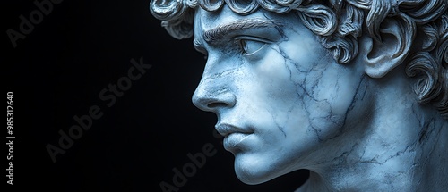 Close-up of a marble bust of a young man's profile, with detailed veins and a serious expression.