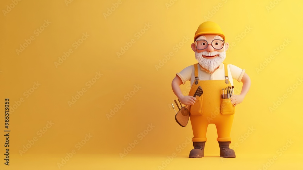 A cheerful cartoon handyman with glasses and a yellow outfit, ready for work. A cheerful cartoon handyman with glasses and a yellow outfit, ready for work.