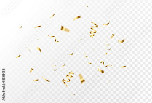 Gold confetti and ribbon streamers falling on a transparent background. blurred. Vector simple design ,10 EPS