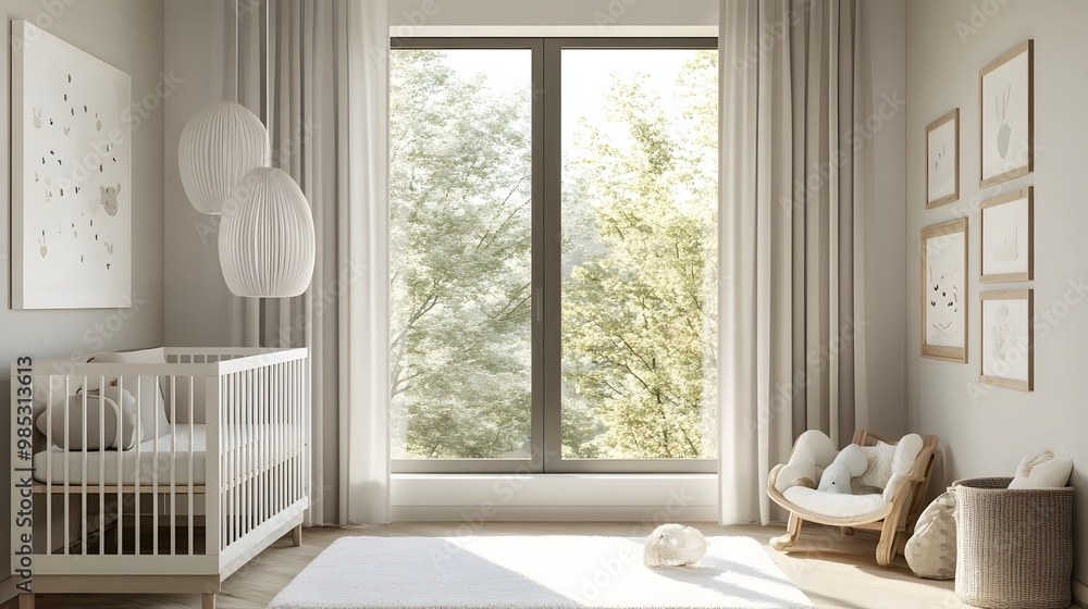 A modern nursery with a white crib, a rocking chair, and a large window overlooking a lush green forest. A modern nursery with a white crib, a rocking chair, and a large window overlooking a lush green forest.
