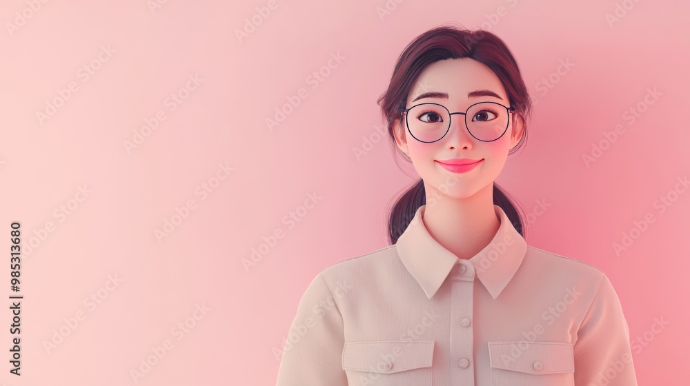 A digital illustration of a smiling woman with glasses against a pink background. A digital illustration of a smiling woman with glasses against a pink background.