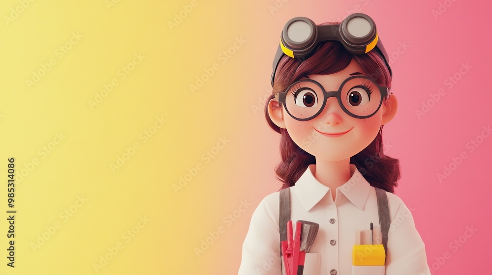 A cheerful character in glasses and a work outfit, holding tools, set against a colorful background. A cheerful character in glasses and a work outfit, holding tools, set against a colorful background.