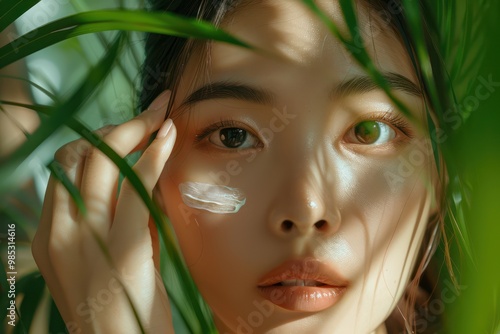 Asian woman face illuminated by soft natural light through lush green leaves in background, applies eye cream with fingers, beautiful skin tone, intimate gaze, high resolution photo.