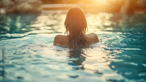 Generative AI Image of Beautiful Attractive Woman Swimming at Hotel Pool with Sunset Sunrise Sky