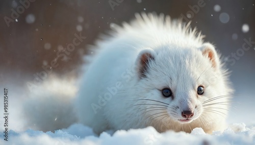 Arctic Fox Pup Sitting in Snow During Winter