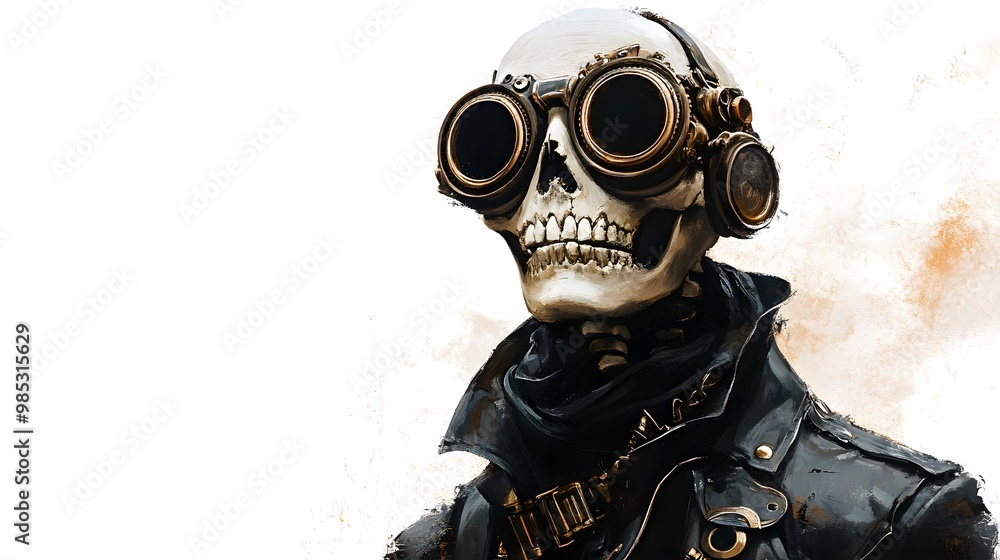 A skeletal figure with steampunk accessories and Halloween party masks, digital painting, dark and moody atmosphere, isolated on white background A skeletal figure with steampunk accessories and Halloween party masks, digital painting, dark and moody atmosphere, isolated on white background