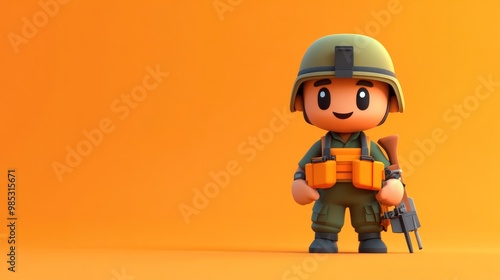 A cute cartoon soldier character standing against an orange background.