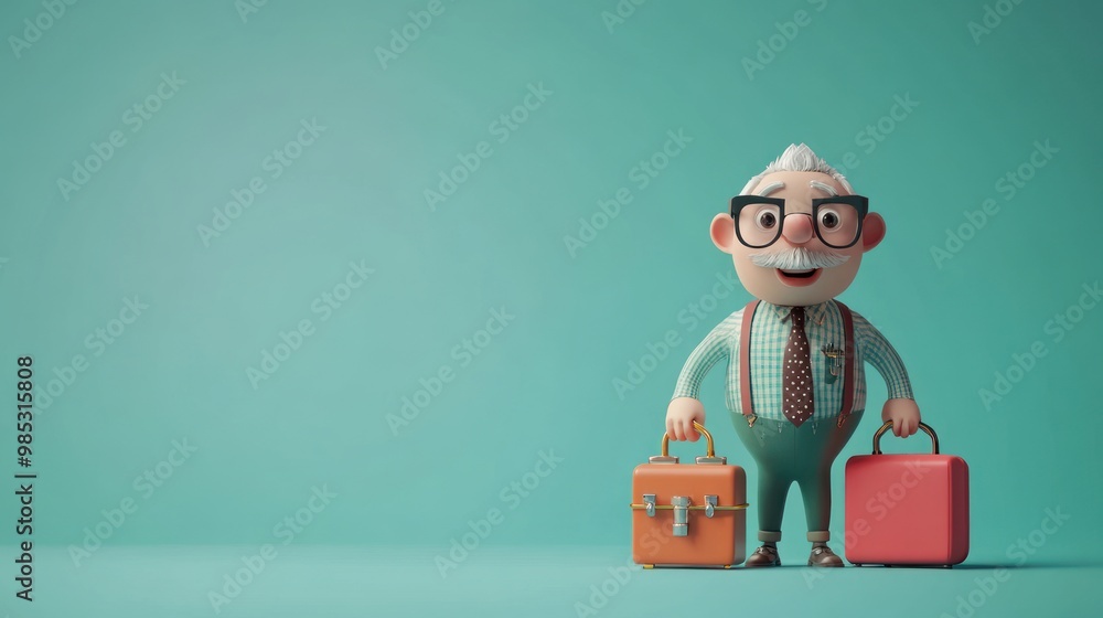 Obraz premium A cheerful elderly man holding two briefcases, ready for an adventure.