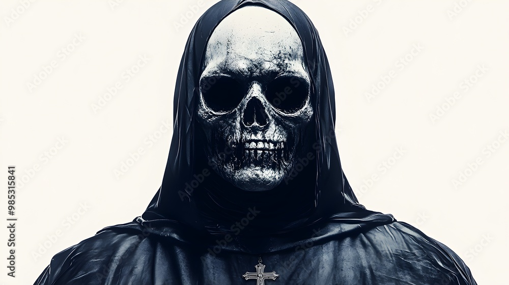 A solemn priest wearing a spooky Halloween mask, dark religious imagery, highly detailed illustration, isolated on white background A solemn priest wearing a spooky Halloween mask, dark religious imagery, highly detailed illustration, isolated on white background