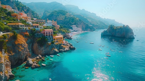 Breathtaking aerial view of the Amalfi Coast with colorful houses perched on cliffs and turquoise waters below under a clear blue sky photo