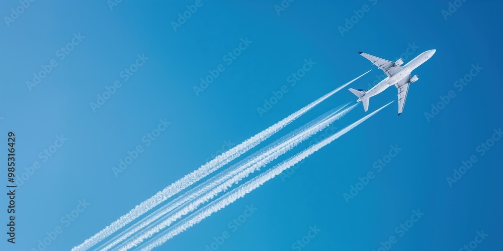 White aircraft flies at distance in clear blue sky with contrails ...