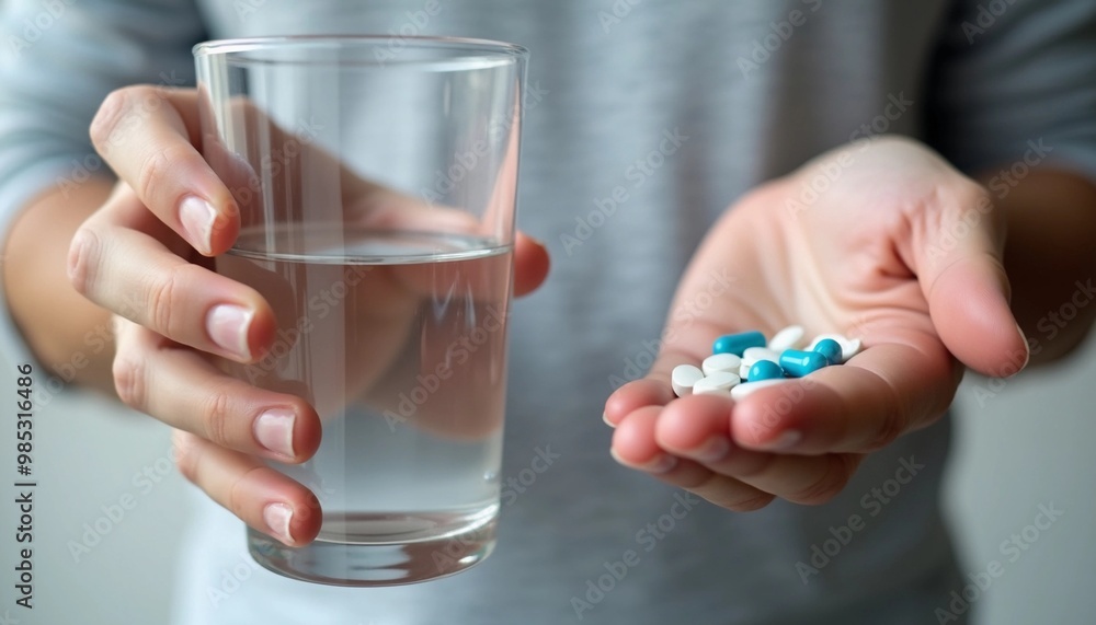 Man Holding Glass of Water and a Handful of Mixed Pills
Man Holding Glass of Water and a Handful of Mixed Pills