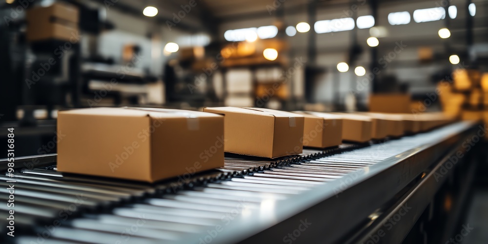 Cardboard boxes moving on a conveyor belt in a warehouse. Cardboard boxes moving on a conveyor belt in a warehouse.