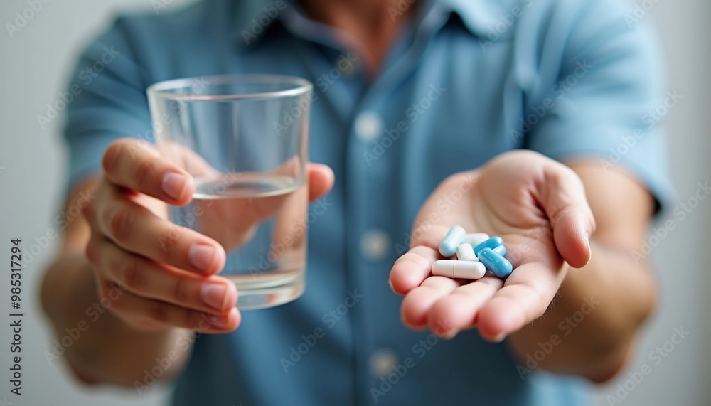 Close-Up of Male Hands Offering Pills and Water for Medication Close-Up of Male Hands Offering Pills and Water for Medication