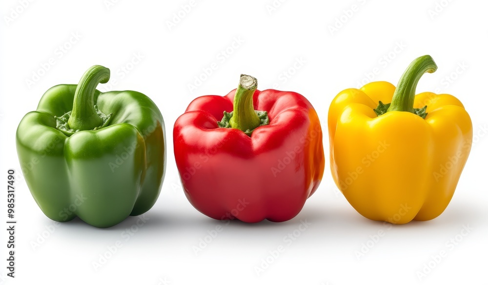 Three bell peppers, one green, one red and one yellow, isolated on white background. Three bell peppers, one green, one red and one yellow, isolated on white background.