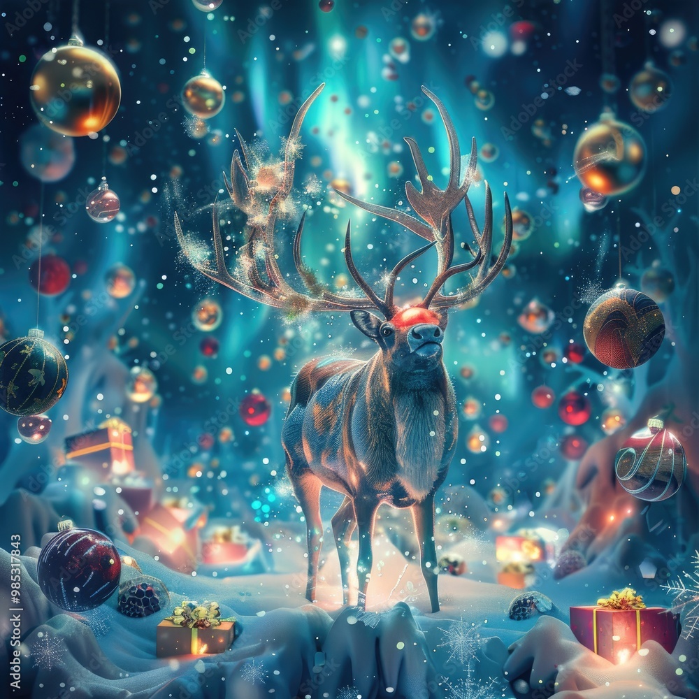 Reindeer in a Winter Wonderland with Christmas Ornaments Reindeer in a Winter Wonderland with Christmas Ornaments