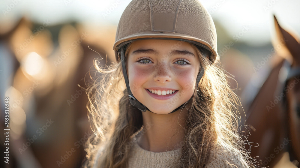 Young girl smiles for the camera while wearing a riding helmet. Young girl smiles for the camera while wearing a riding helmet.