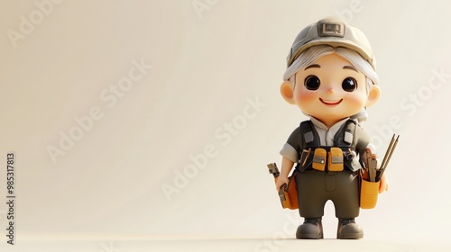 A cheerful cartoon character dressed as a worker, holding tools and smiling.