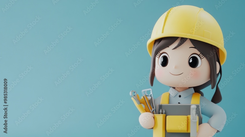 A cheerful cartoon character wearing a hard hat and holding tools, representing construction work. A cheerful cartoon character wearing a hard hat and holding tools, representing construction work.