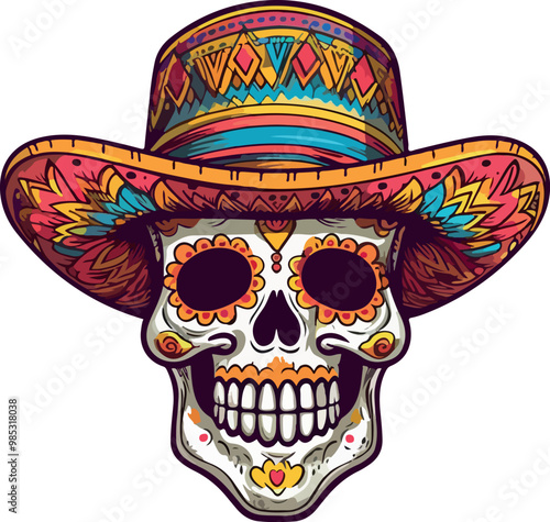 Mexican festive skull sugar calavera with a Mexican sombrero hat