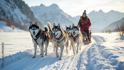 Woman in red and white clothing driving a sled with a team of huskies dogs on snowy terrain. Winter sports,  adventure, nature, and travel concept.
