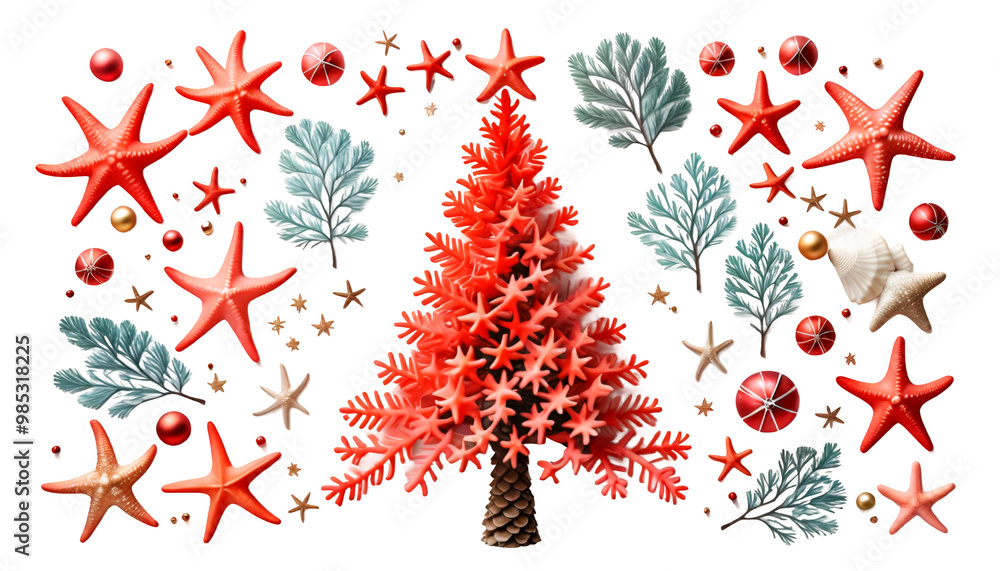 watercolor starfish decoration holiday white summer painting tree background hand christmas coral pine winter gift star christmas art december tree christmas celebration anemone background banner