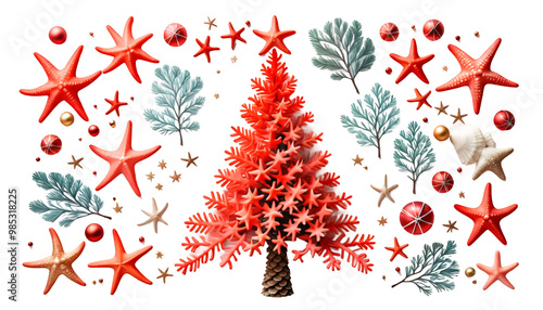 Obraz na płótnie watercolor starfish decoration holiday white summer painting tree background hand christmas coral pine winter gift star christmas art december tree christmas celebration anemone background banner w salonie