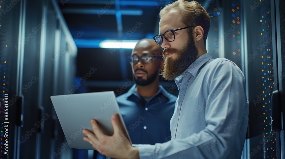 IT professionals work together in a data center. A bearded technician sits next to server racks, using laptop computer for diagnostics or maintenance. Colleague also works on laptop. IT professionals work together in a data center. A bearded technician sits next to server racks, using laptop computer for diagnostics or maintenance. Colleague also works on laptop.
