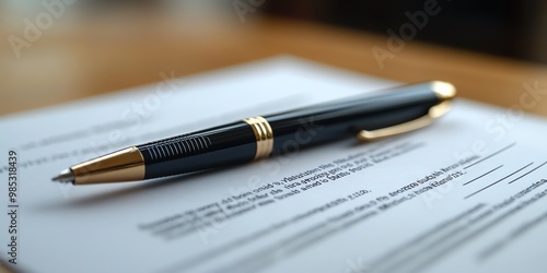 Close up of a gold and black pen lying on a document with lines for signatures.