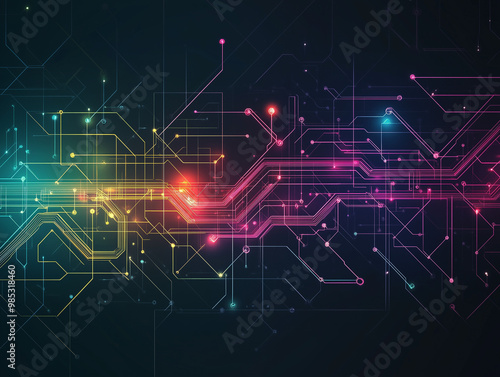 Underground network map illustration, Abstract design with colorful lines and nodes, Soft curves and sharp angles, Geometric shapes representing complex transit systems