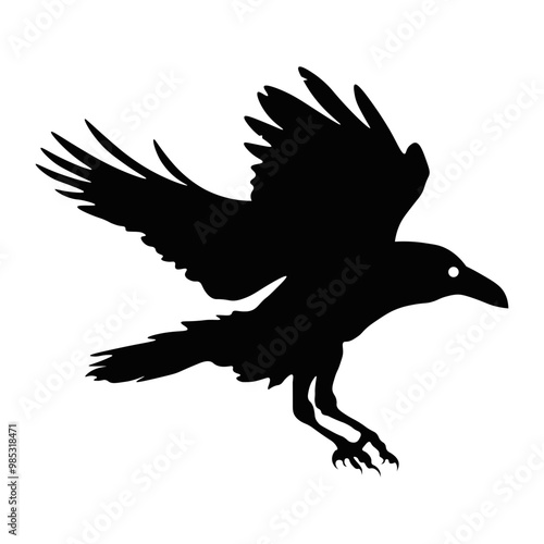 Black Silhouette of Crow. Halloween Raven Silhouette. Isolated on White Background