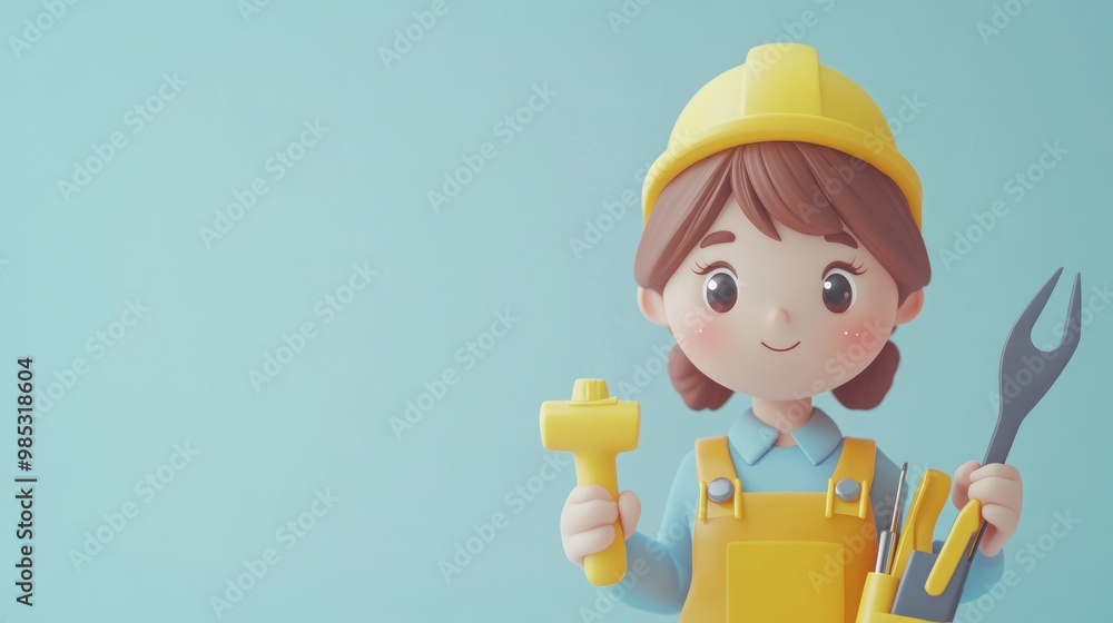 A cheerful cartoon character in work attire holds tools, symbolizing construction and creativity. A cheerful cartoon character in work attire holds tools, symbolizing construction and creativity.